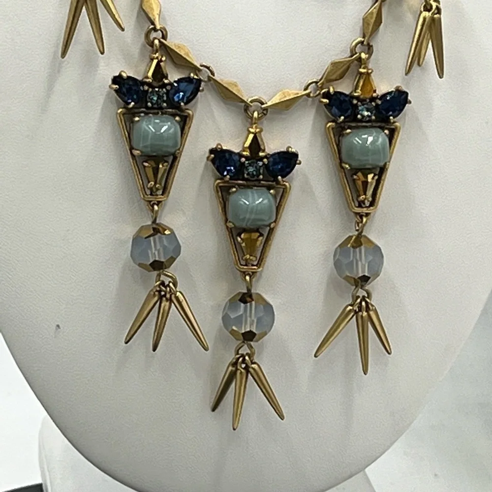J. Crew Gold Tone Blue Aurora Borealis Blue Cabochon Spike Long Necklace New‎